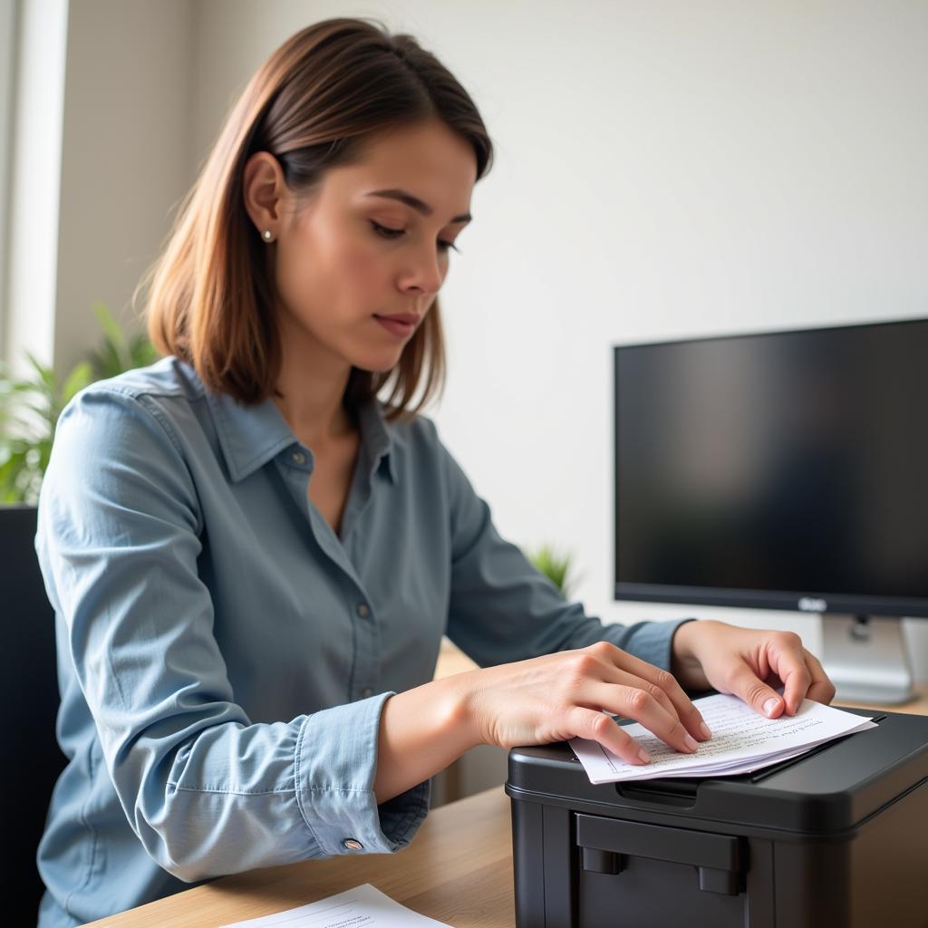 Woman shredding documents with home office shredder to prevent identity theft