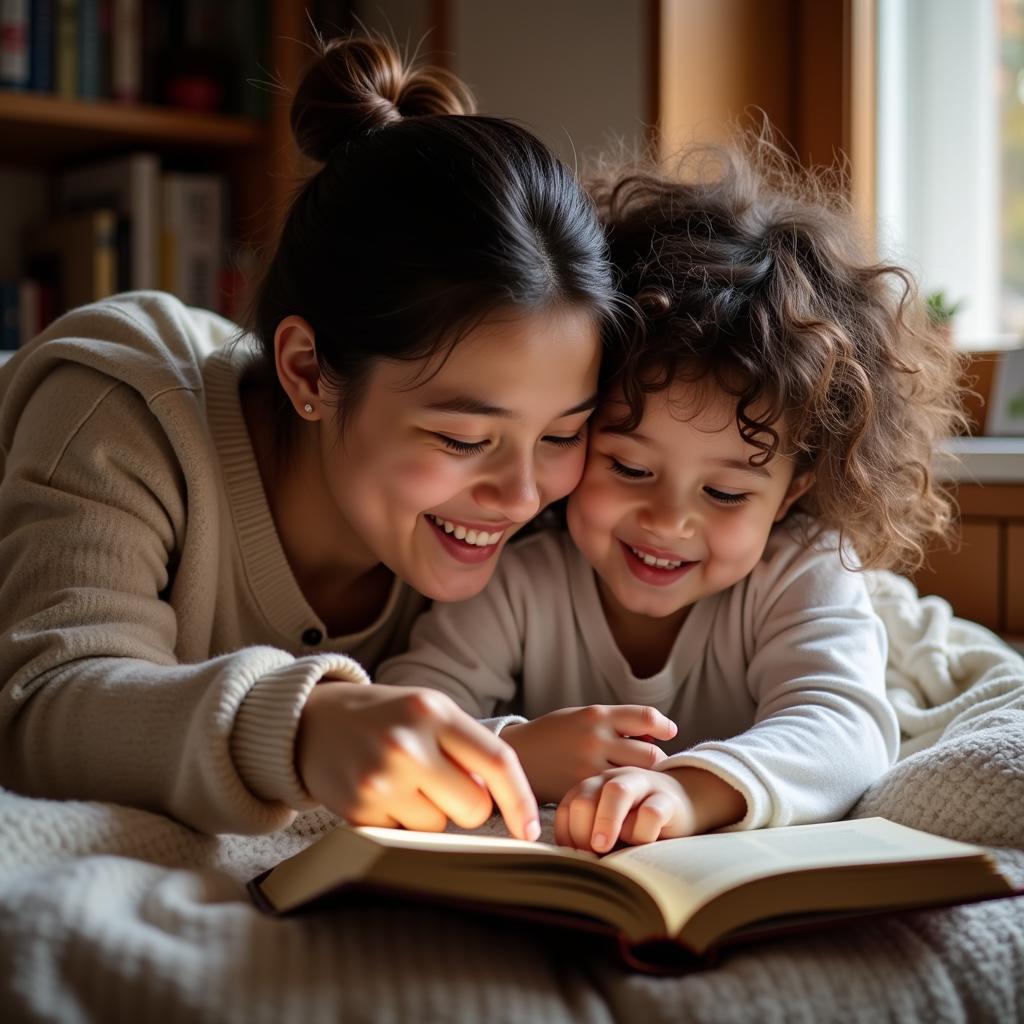 Parent and child enjoying a book together