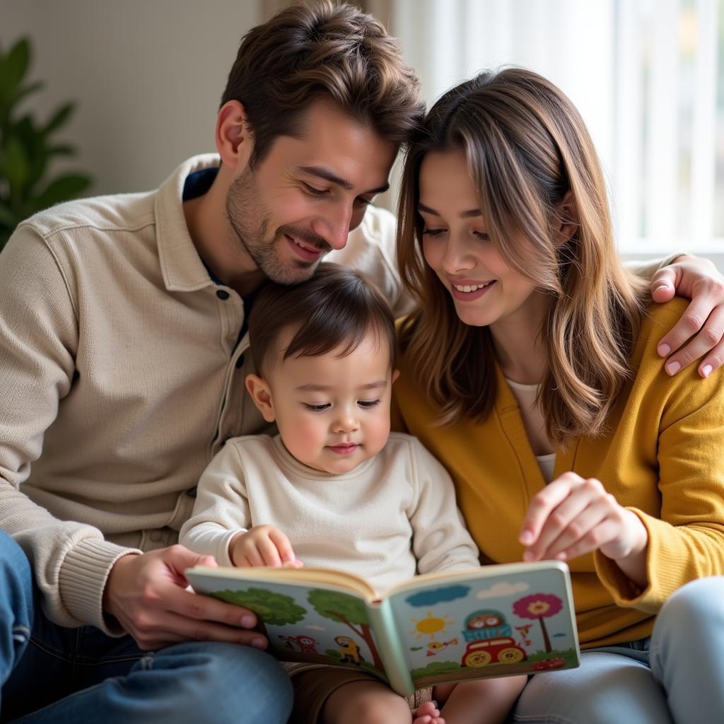 Parents sharing a nursery rhyme book with their child