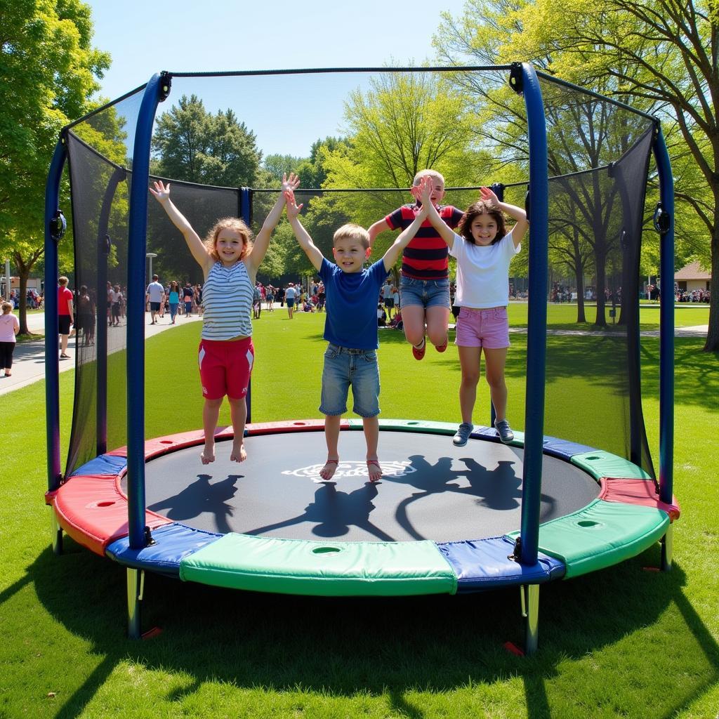 Kids jumping on a public trampoline in a park