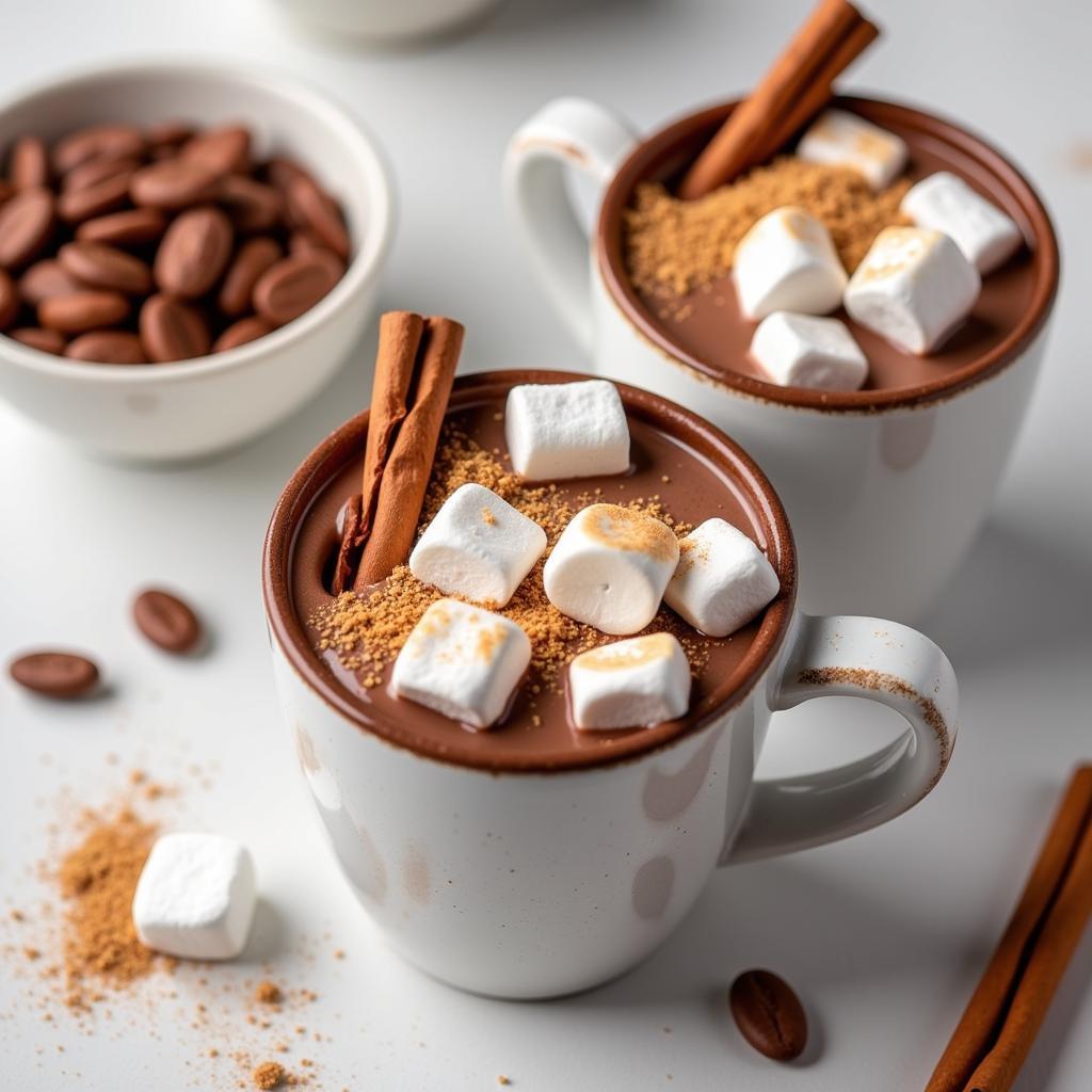 Two steaming mugs of peanut-free hot chocolate topped with marshmallows and cinnamon sticks