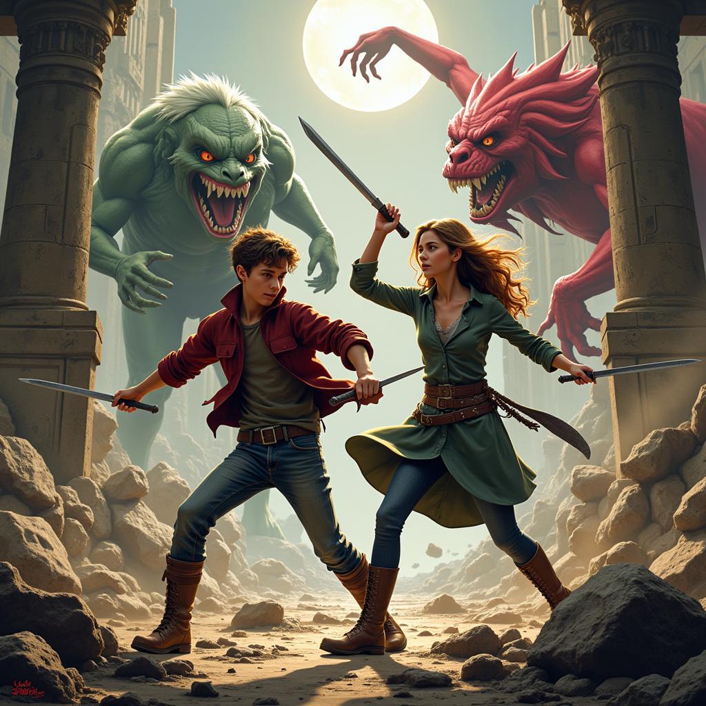 Percy Jackson and Annabeth Chase in battle