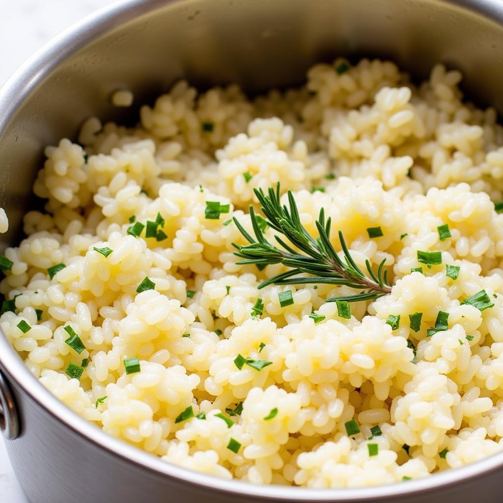 A steaming pot of perfectly cooked gluten-free rice pilaf, garnished with fresh herbs.