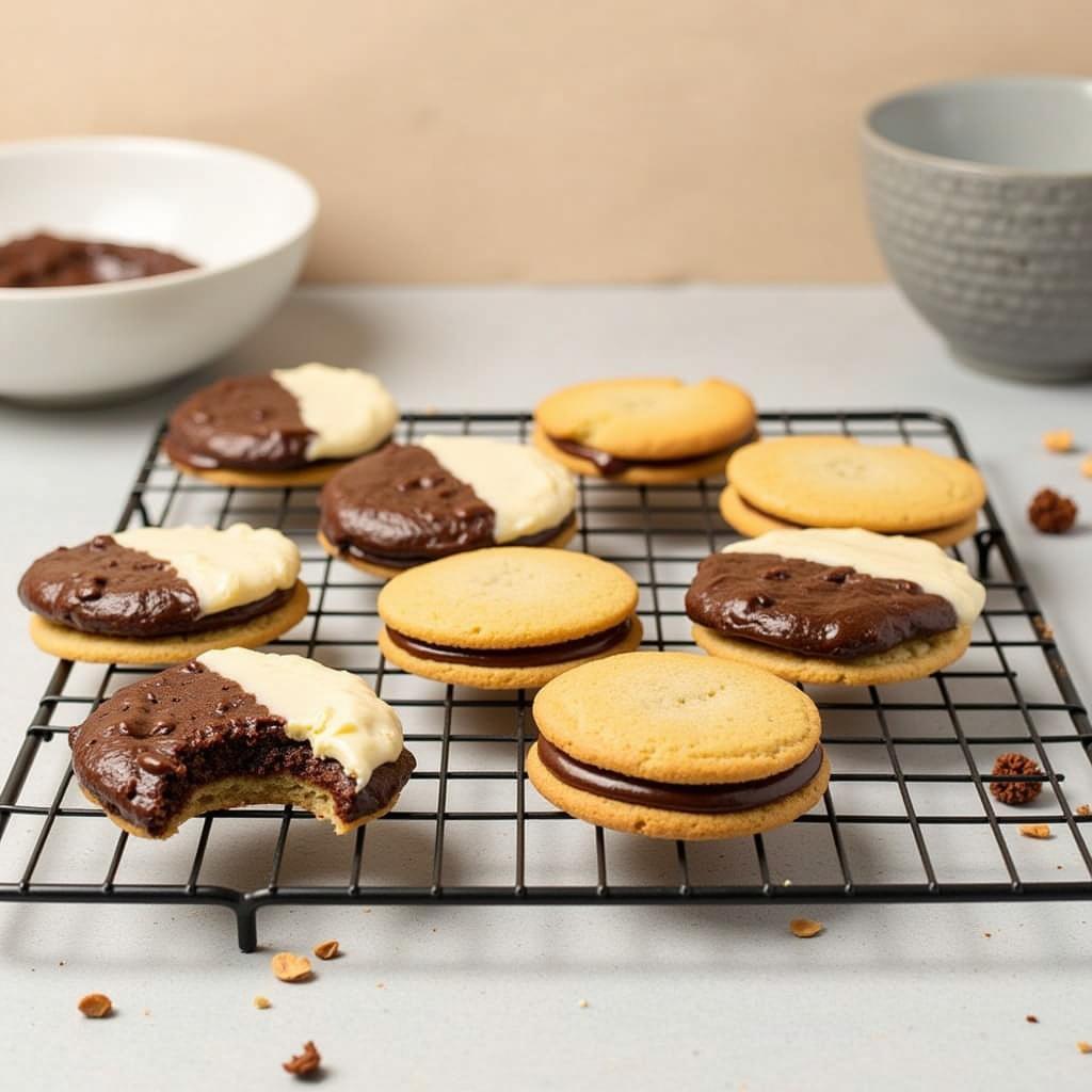 Freshly baked gluten free dairy free black and white cookies cooling on a rack