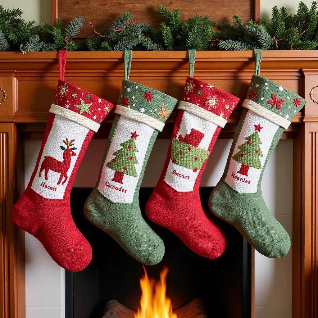 Personalized Christmas stockings hanging on a fireplace