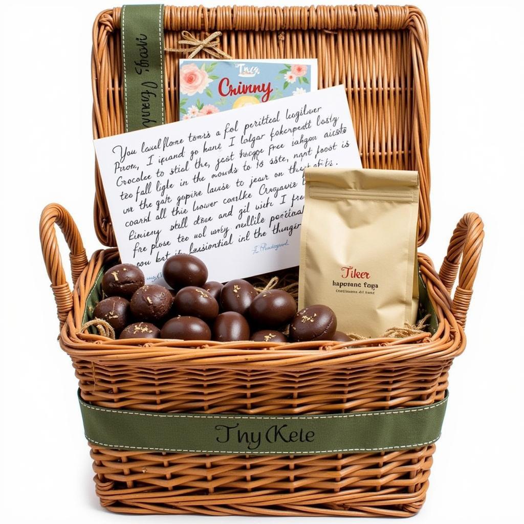 A personalized sugar-free chocolate gift basket with a handwritten card and a sugar-free beverage