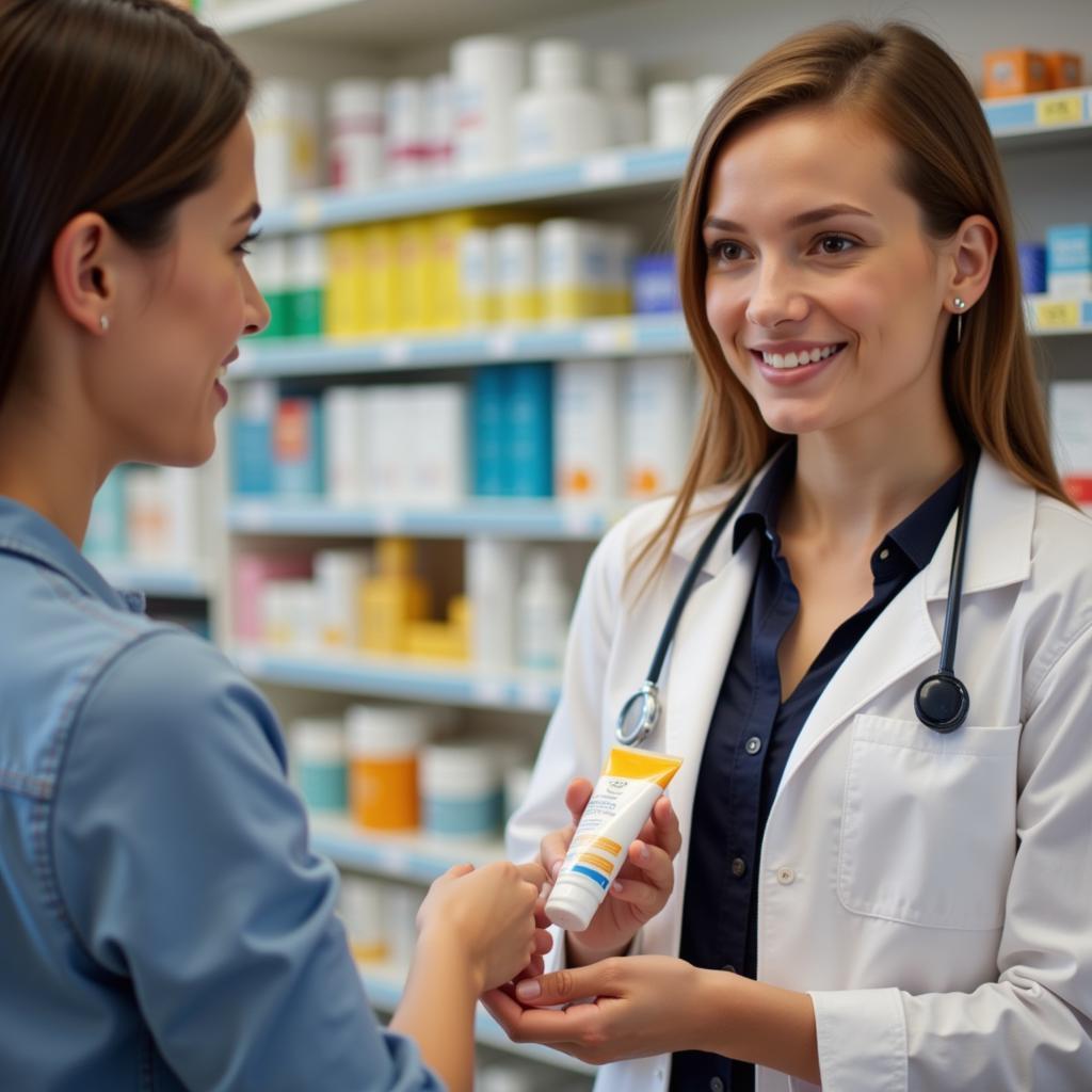 Pharmacist Providing Sunscreen Sample to Customer