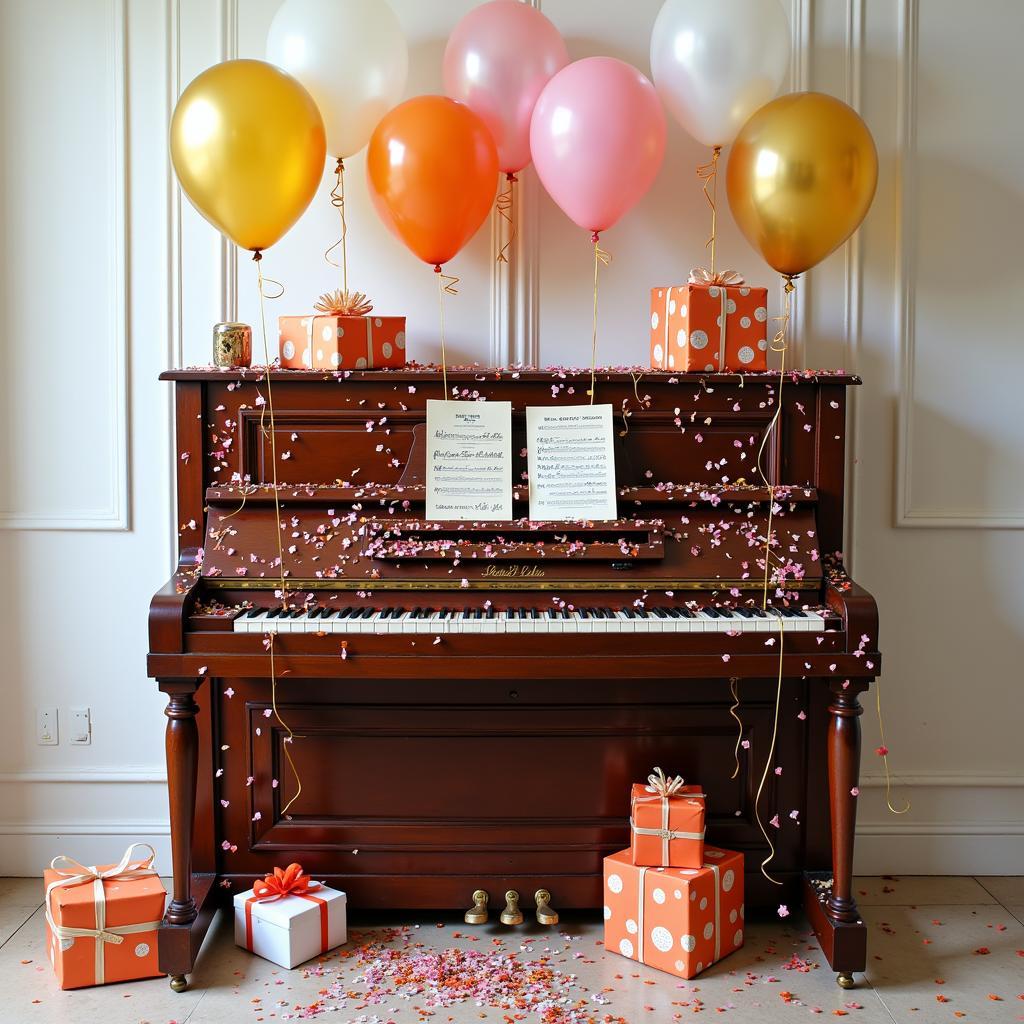 Piano decorated for a birthday celebration with balloons and gifts