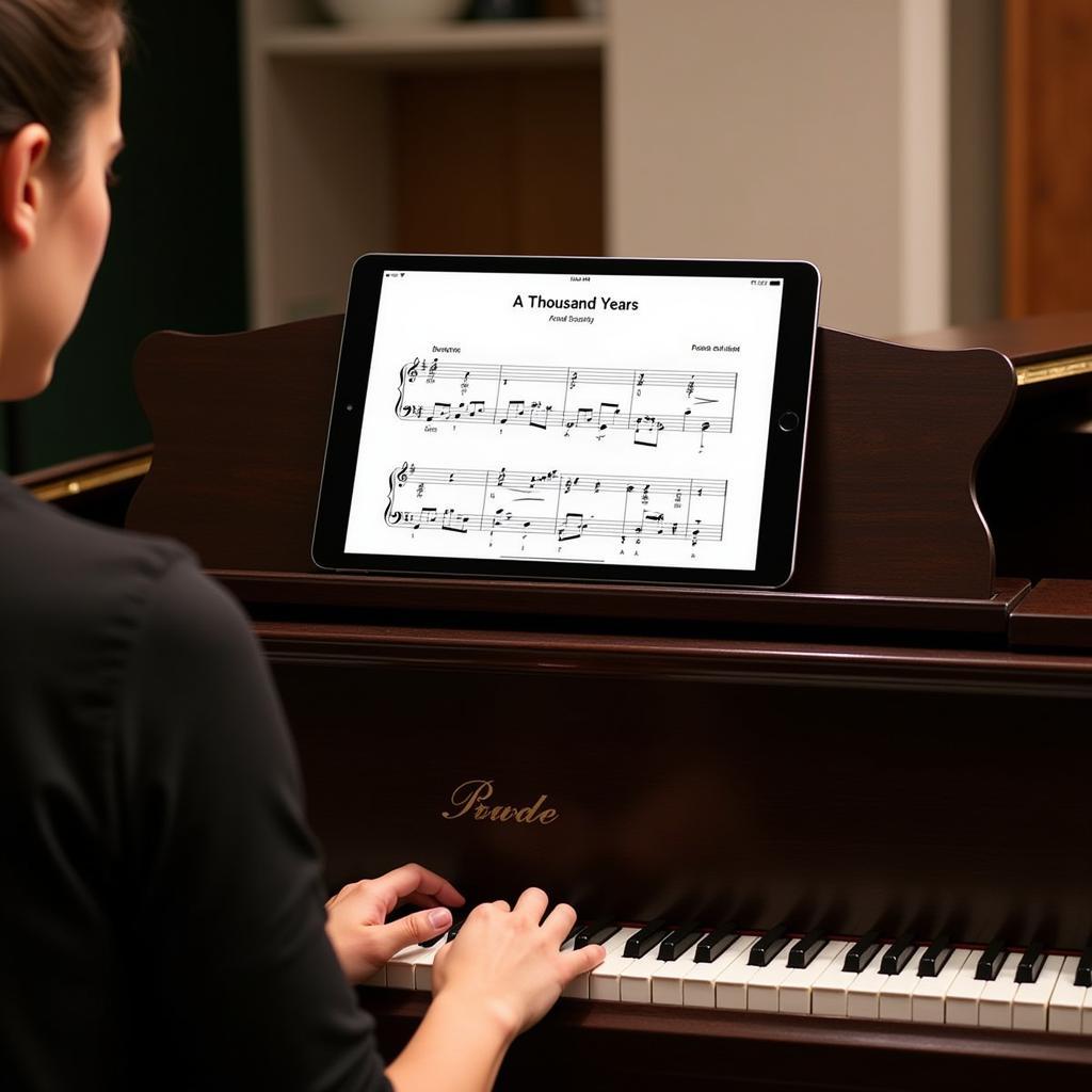 A pianist practices A Thousand Years using a tablet displaying free sheet music.