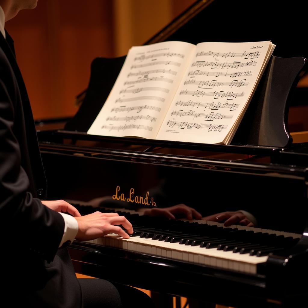 A person playing "La La Land" sheet music on a piano