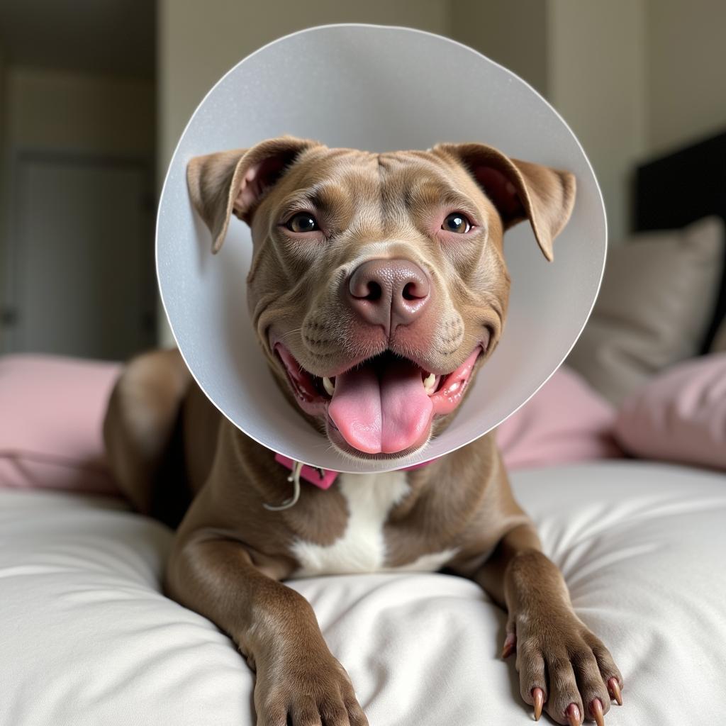 Happy pitbull recovering after spay/neuter surgery