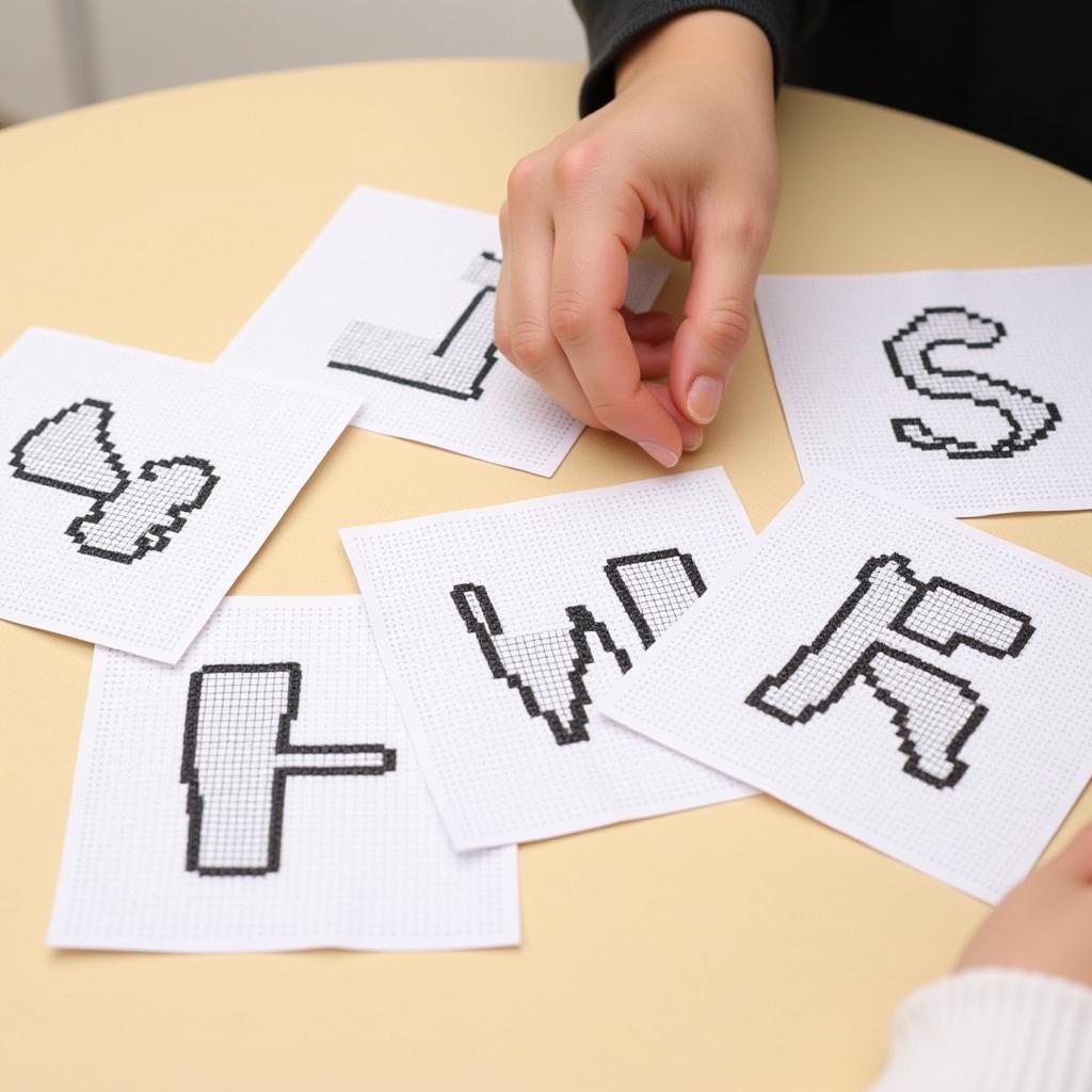 A crafter examines various plastic canvas alphabet patterns, comparing sizes and styles before making a selection.