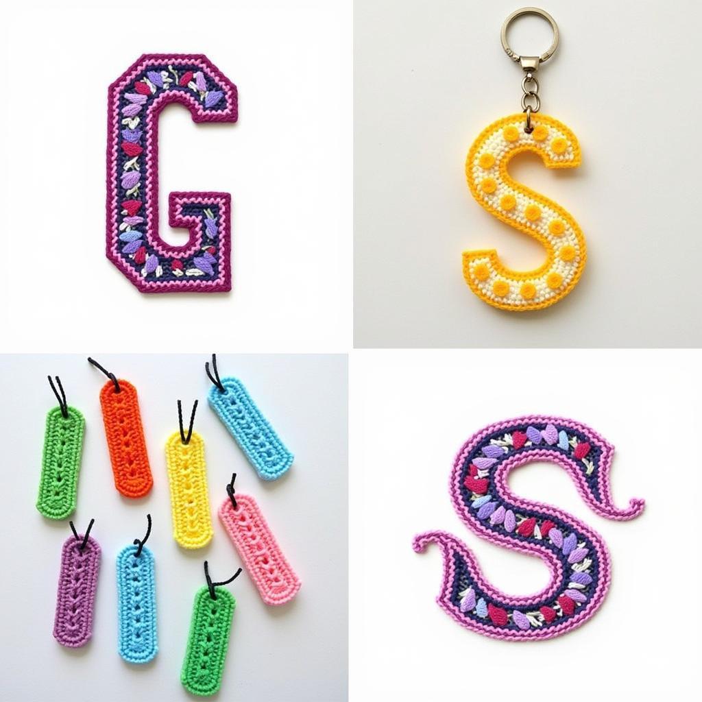 An assortment of completed plastic canvas letter crafts, showcasing their versatility in various applications like keychains, bookmarks, and wall decor.