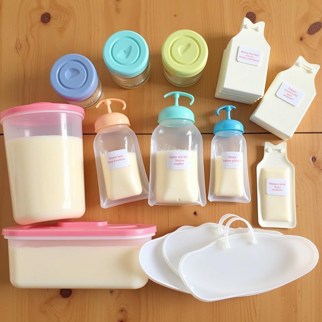 Various reusable breast milk storage options, including glass containers and silicone bags.