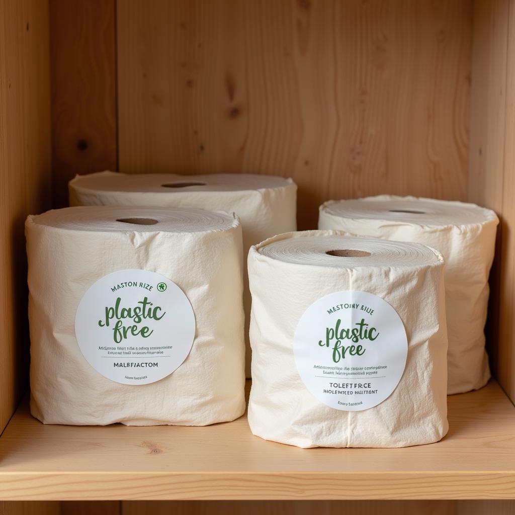 Plastic-free toilet paper rolls on a wooden shelf