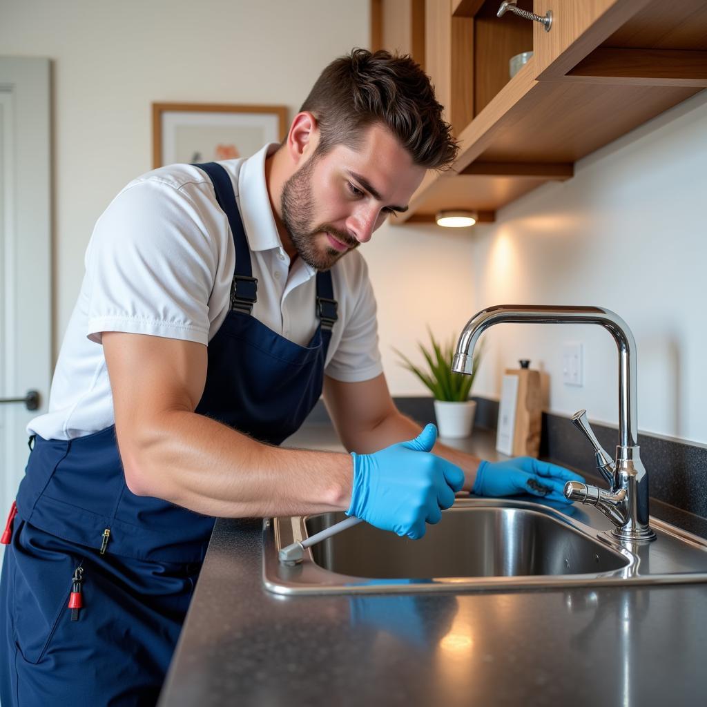 Plumber Fixing Sink in Modern Kitchen