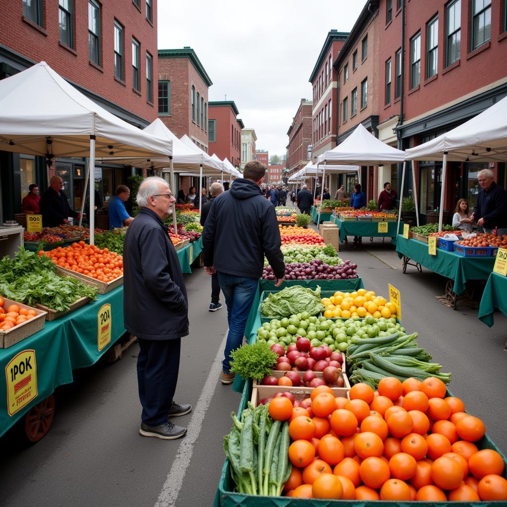 Local vendors selling fresh produce at a Portland, Maine farmers market