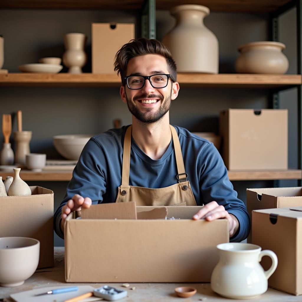 Potter organizing new pottery supplies from online order.