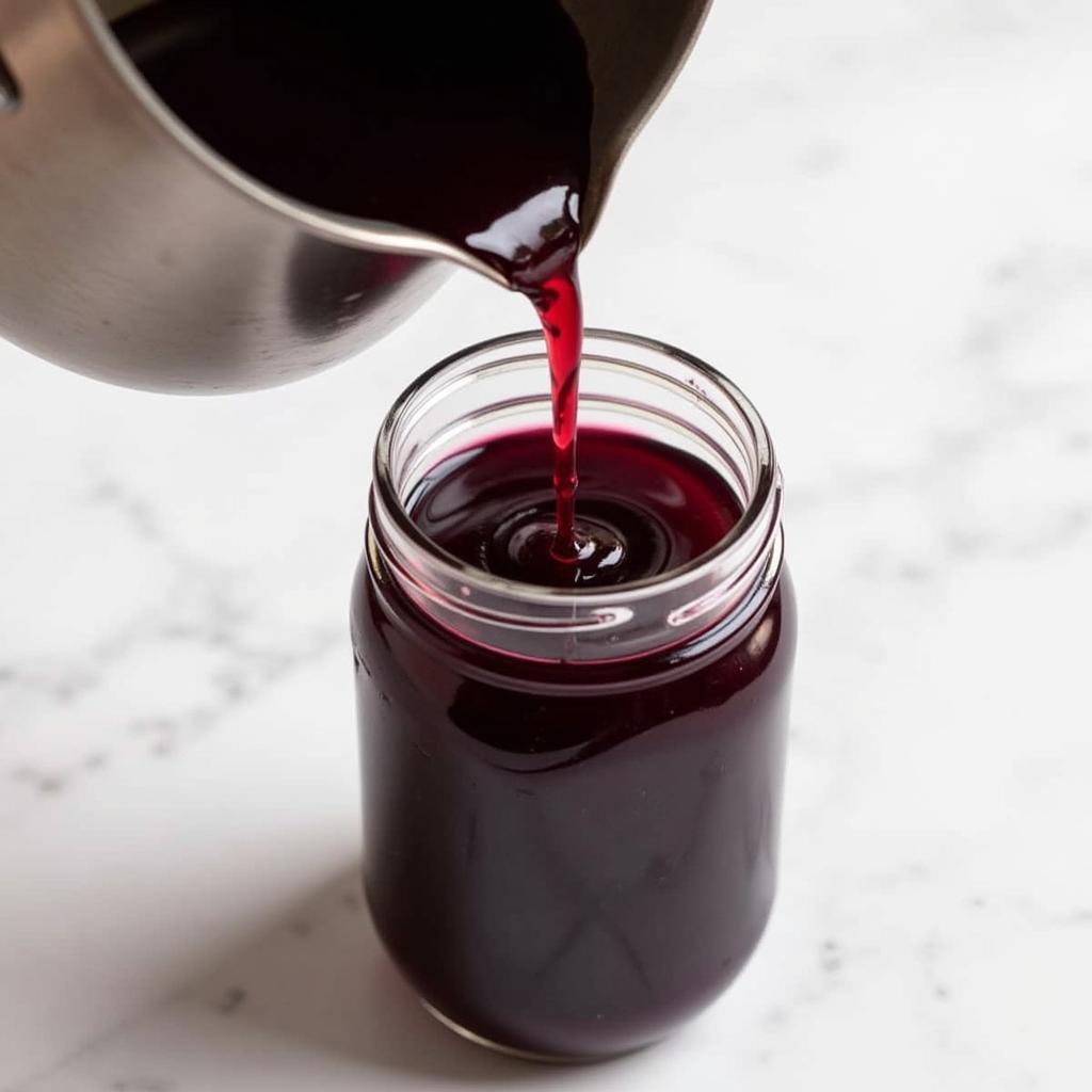 Pouring sugar-free blackberry syrup into a jar