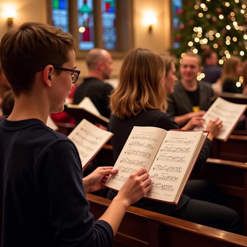 A group of people gathered around a piano, singing "Angels We Have Heard on High" from sheet music.