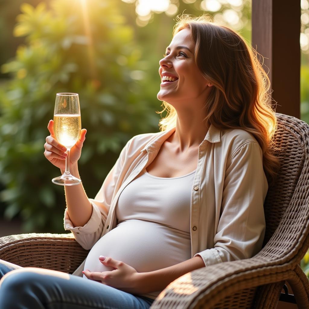 Pregnant woman smiling while holding a glass of alcohol-free wine