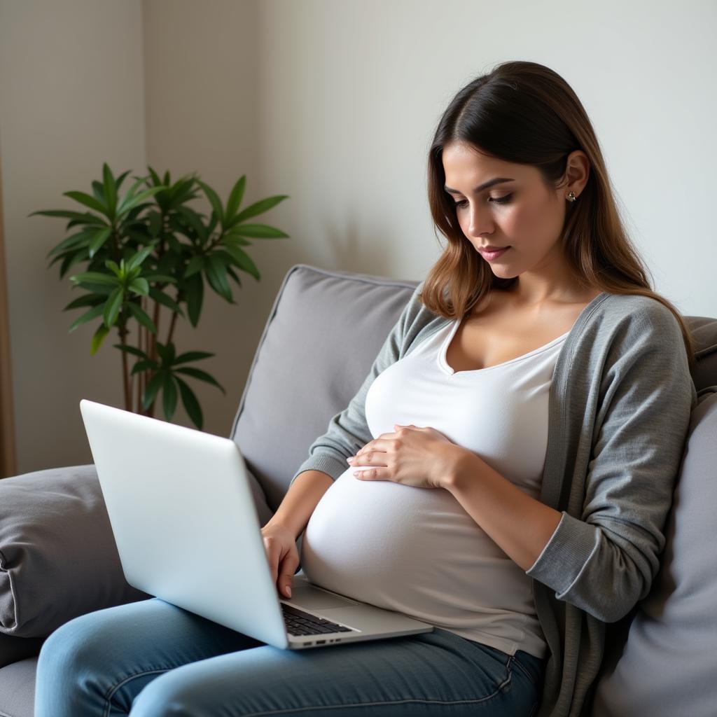 Pregnant woman researching resources on her laptop