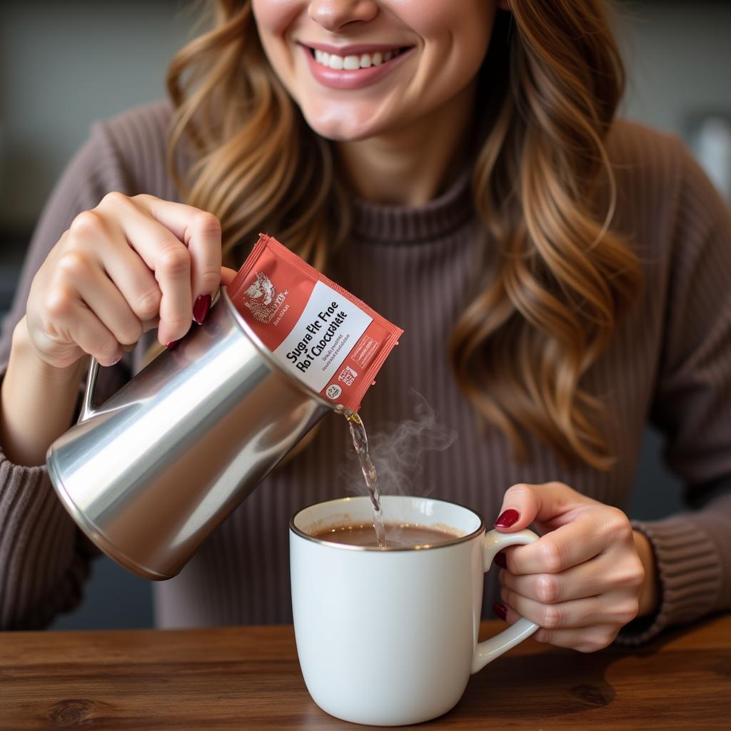 Woman preparing sugar free hot chocolate with a steaming mug