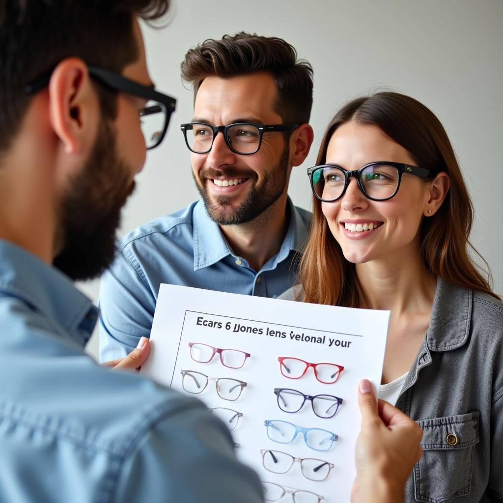 Couple choosing eyeglasses with optician's help