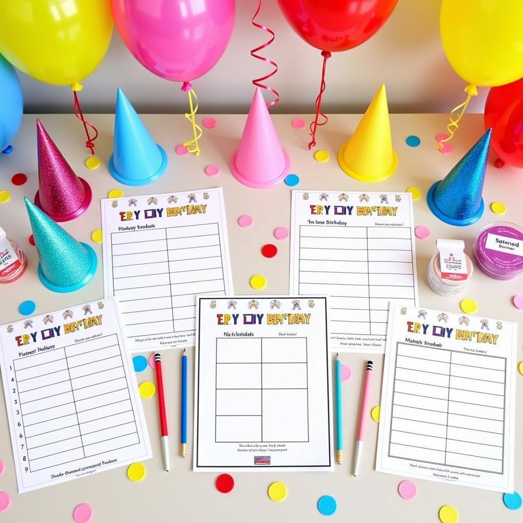 Table set up for a birthday party with printable games and decorations