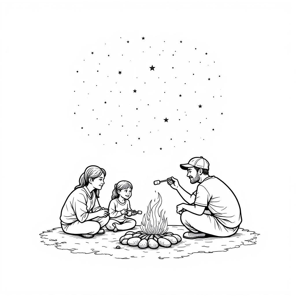 Printable Camping Coloring Sheets: A Family Gathers Around a Campfire