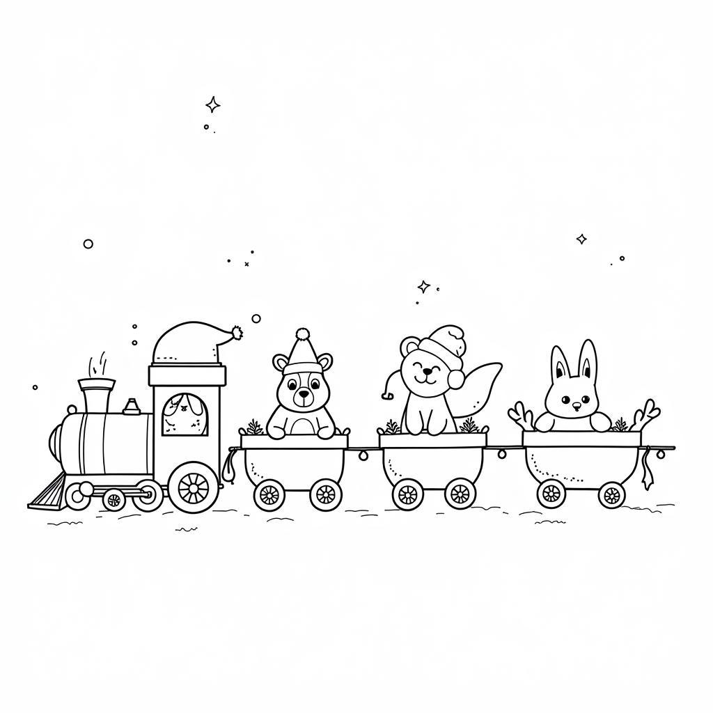 Printable Christmas Train Coloring Page with Animals