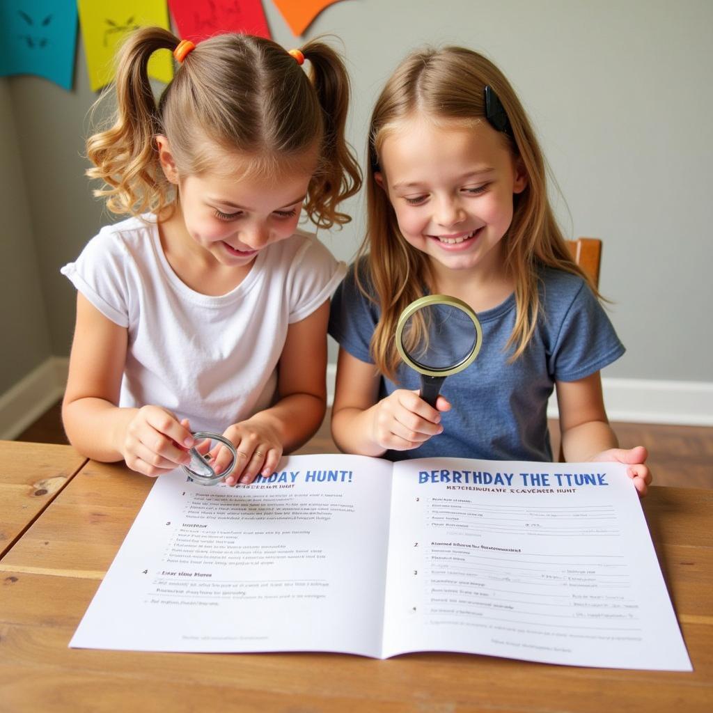 Children engaged in a printable birthday scavenger hunt