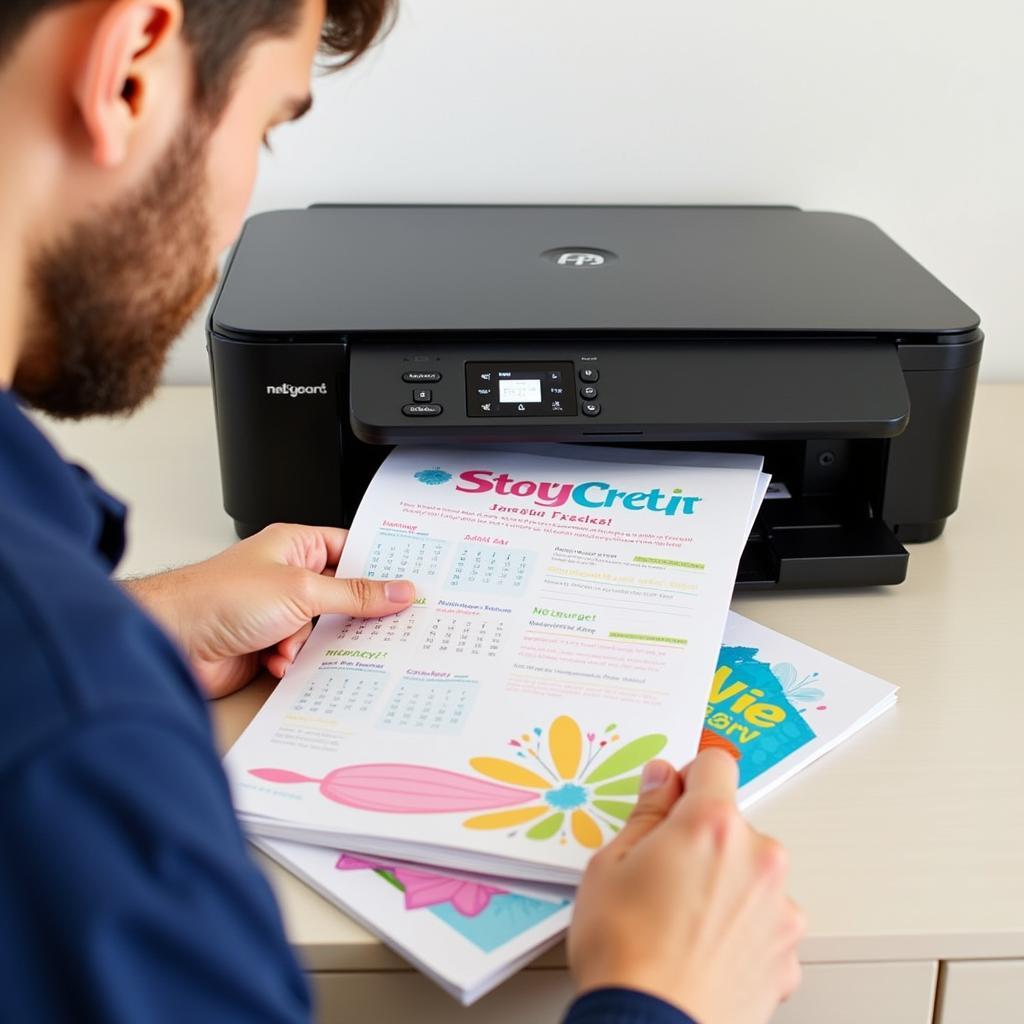 A person printing a free template PDF at home using a color printer. The printed template is a colorful calendar.