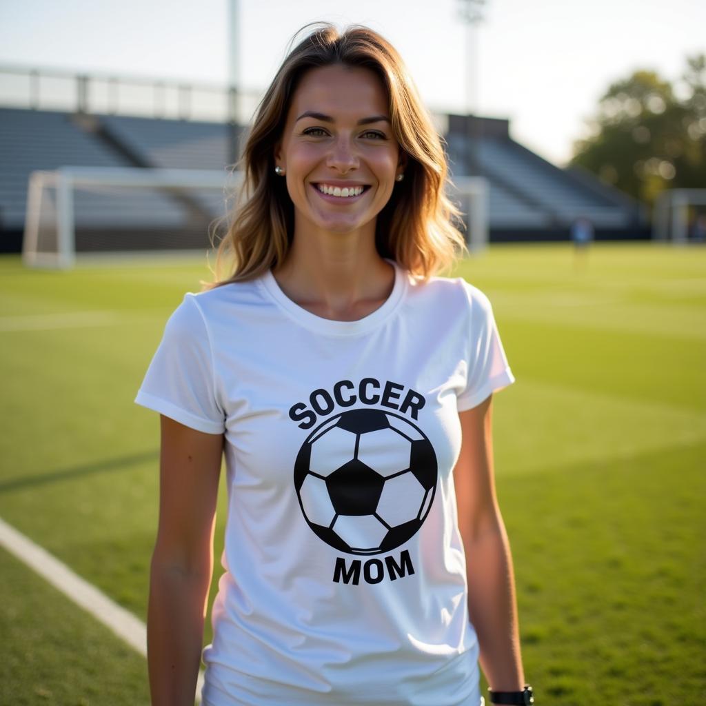 Proud Soccer Mom Sporting a Custom-Made Shirt with an SVG Design