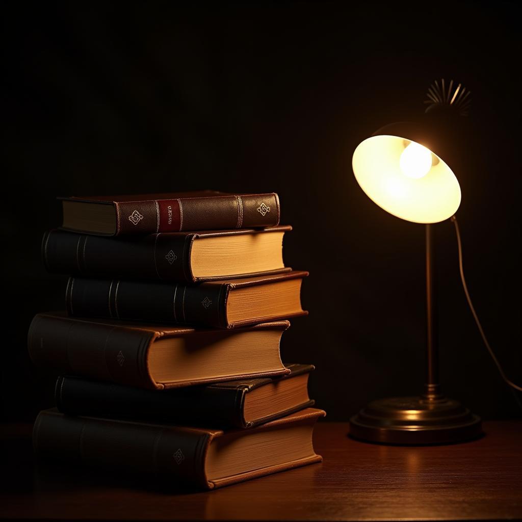 Stack of old books with dramatic lighting