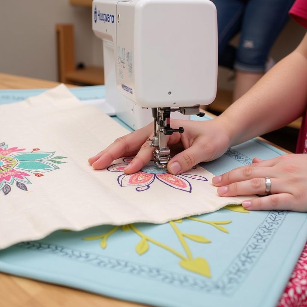 Quilter Using Husqvarna Free Motion Quilting Foot