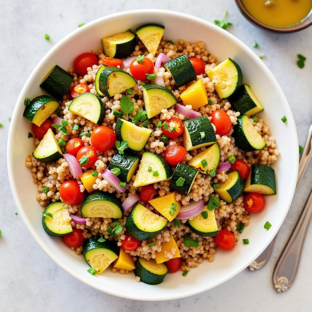  A close-up shot of a bowl filled with colorful quinoa salad with roasted vegetables.