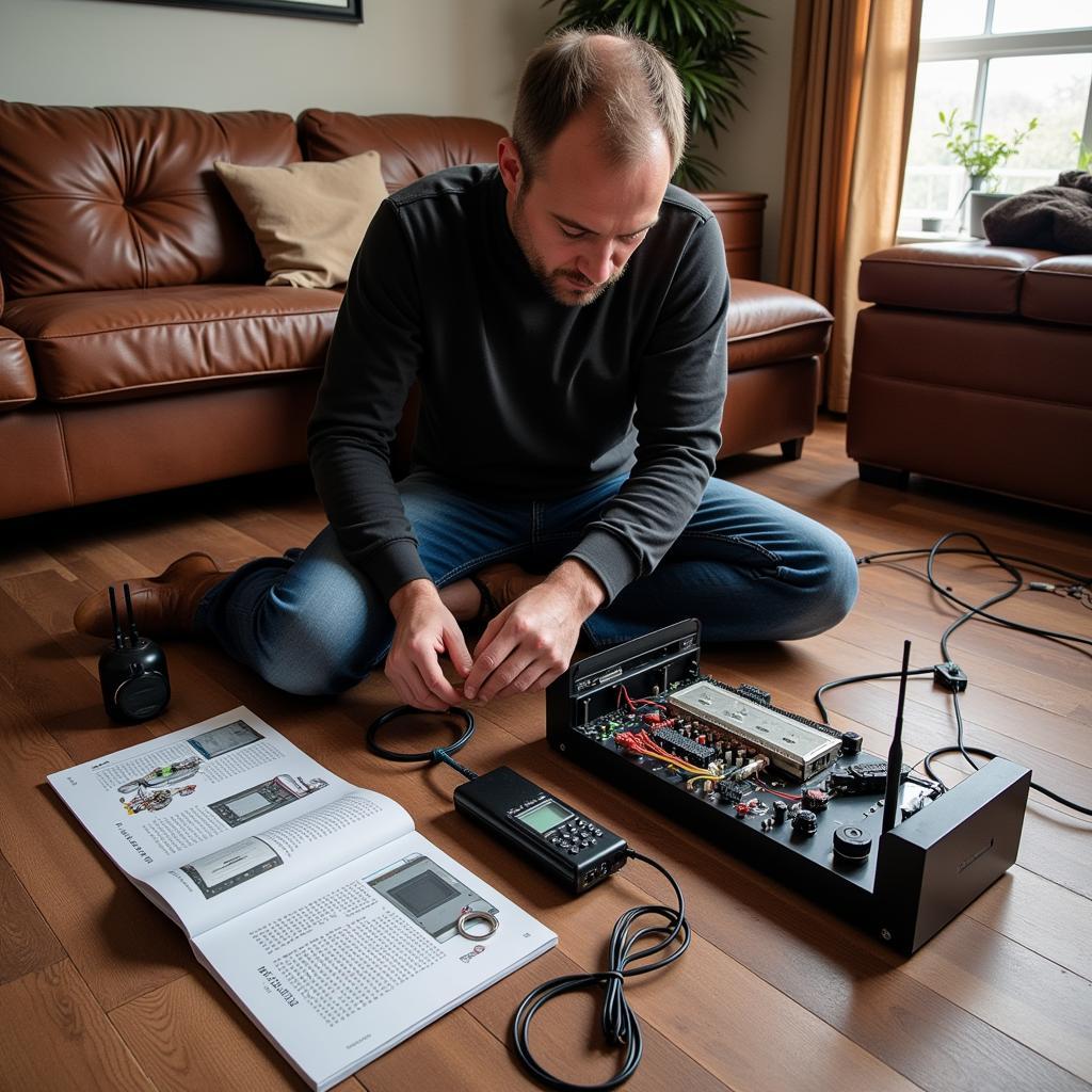 Man setting up a Rapid Radio system in his living room