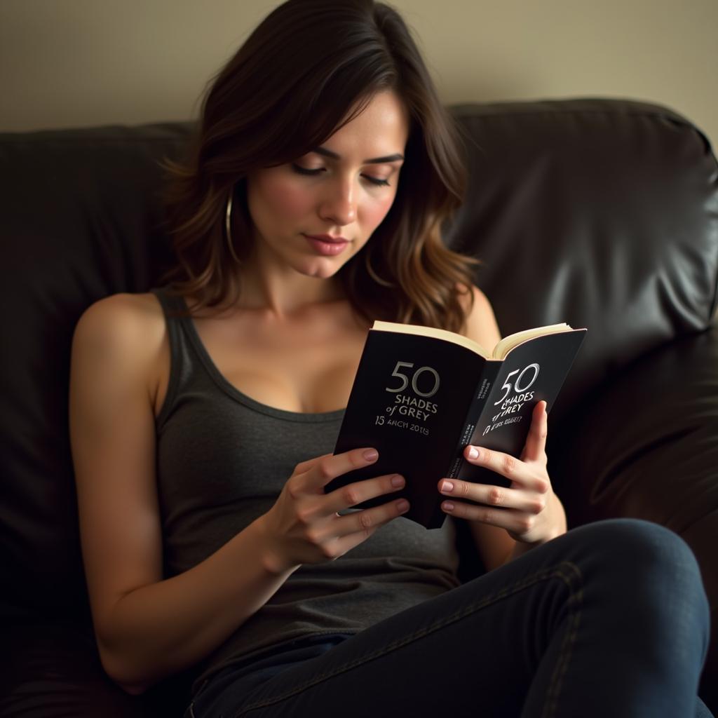 Woman engrossed in reading 50 Shades of Grey on her phone