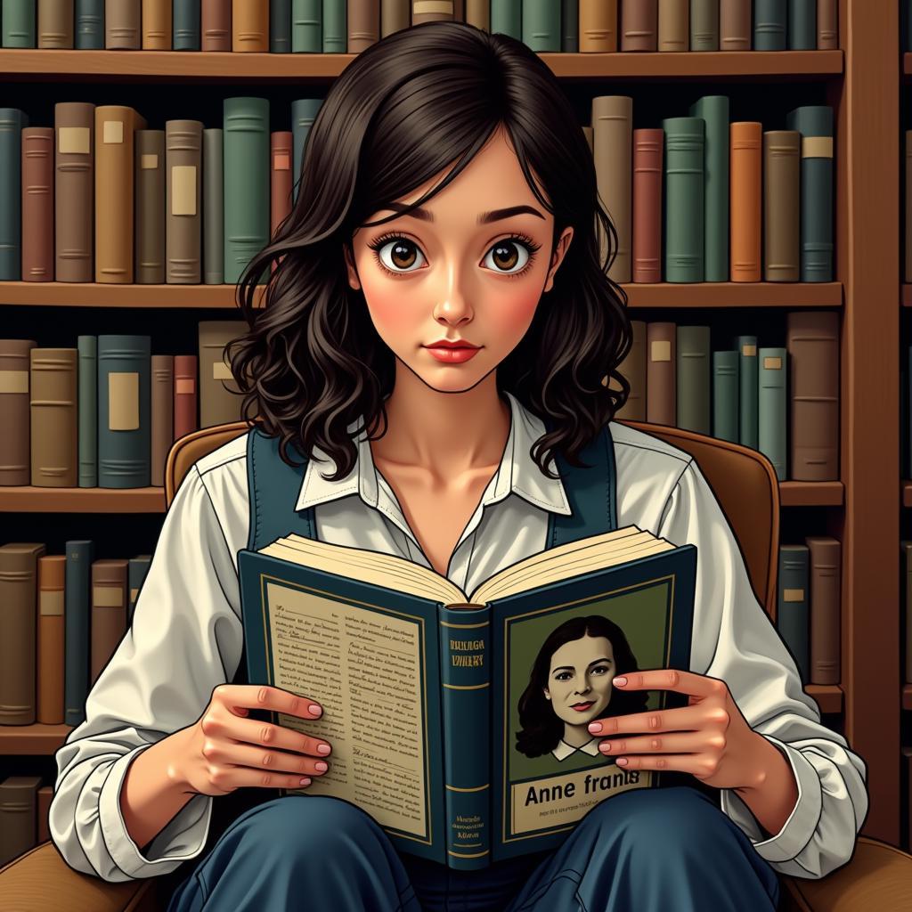 A person reading Anne Frank's Diary: The Graphic Adaptation in a library