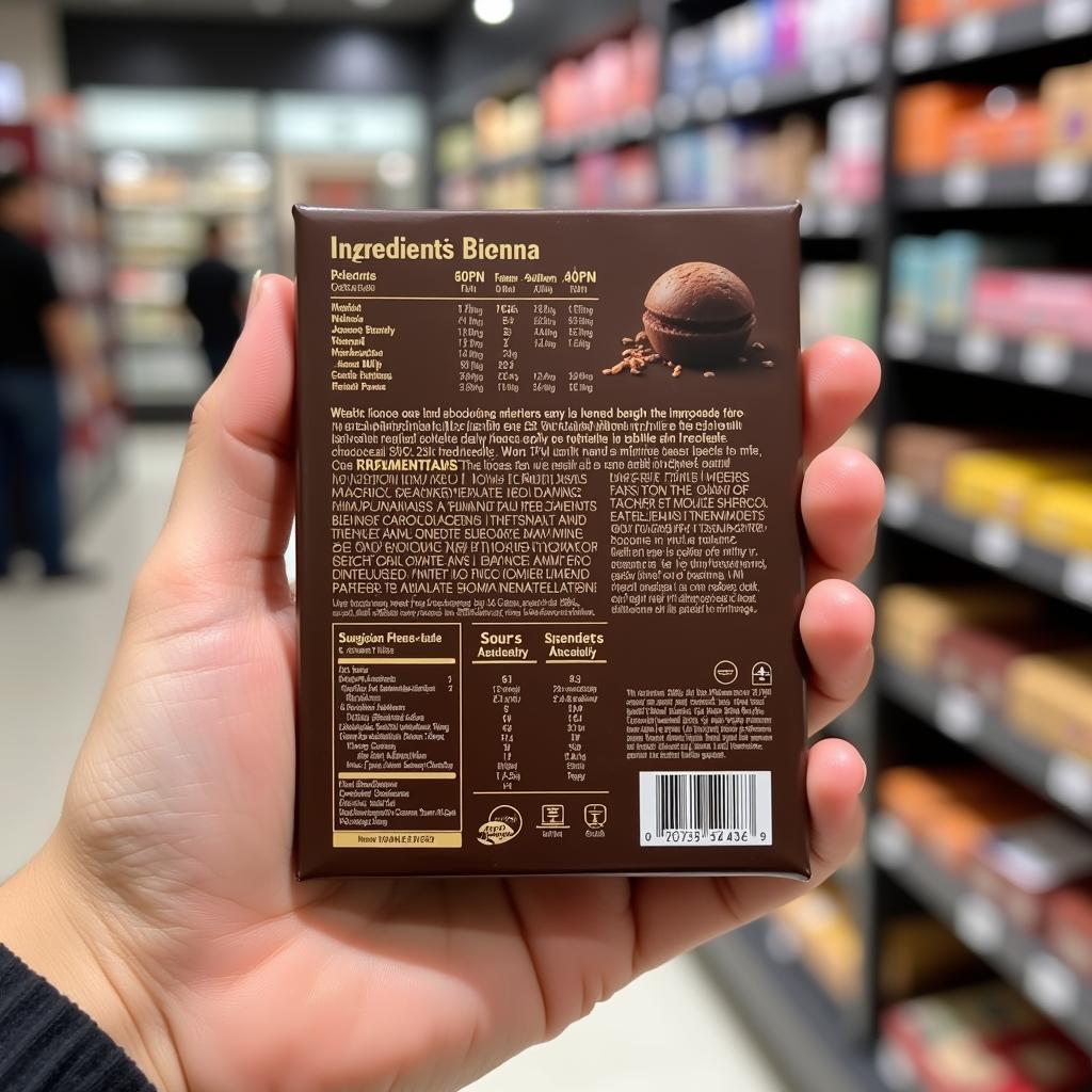 A person carefully examining the information on a chocolate box at duty free