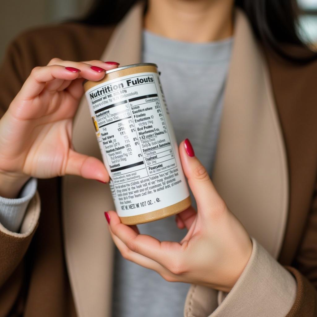 A person carefully reading the label of a dairy-free powdered creamer container.