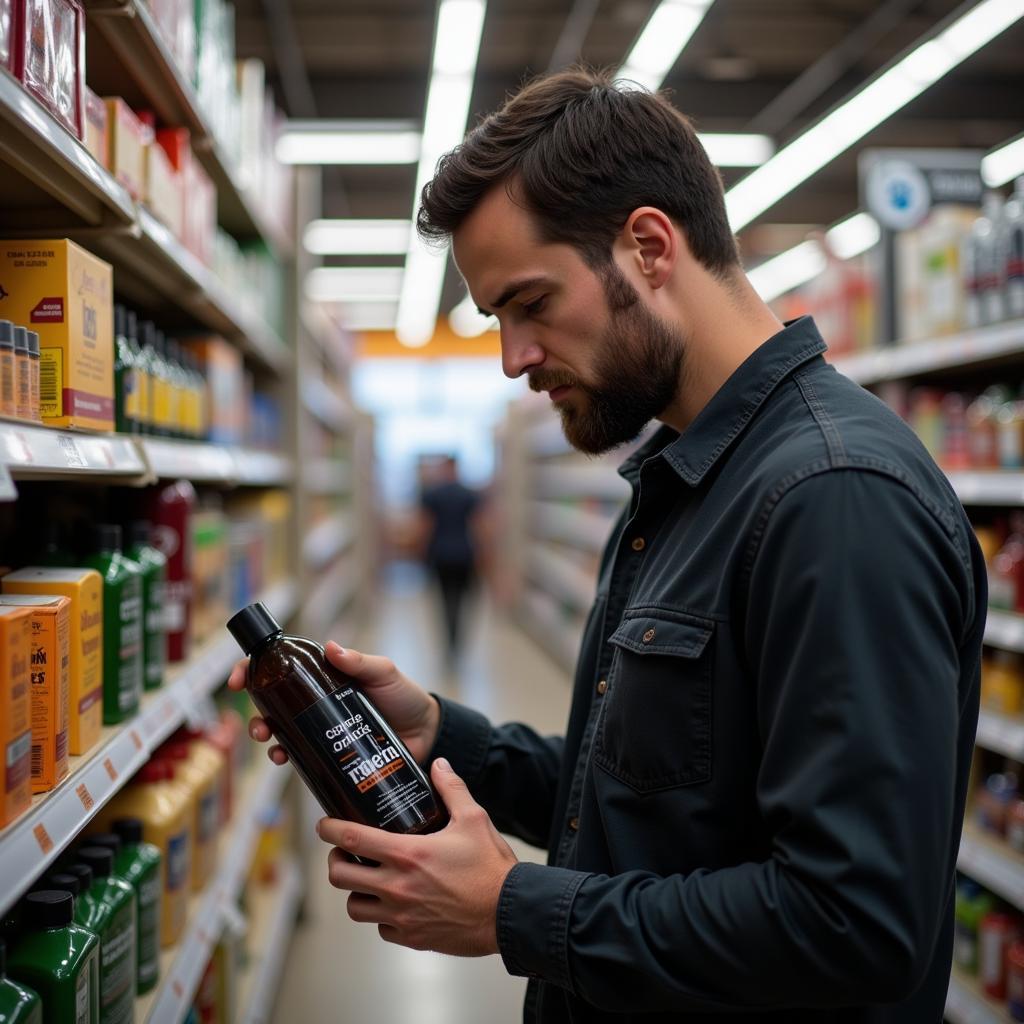 Man carefully reading the label of a men's body wash bottle in a store