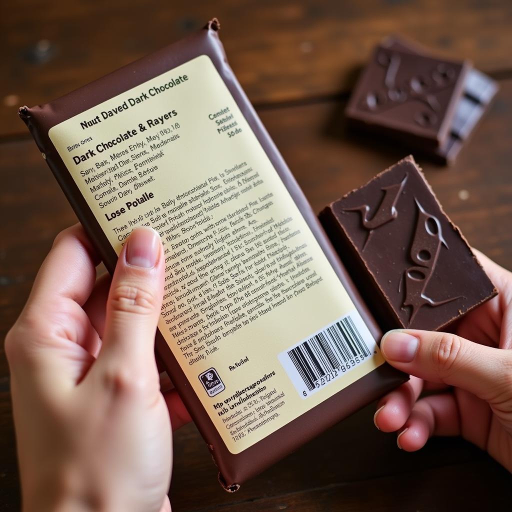 Person Checking the Label of Nut Free Dark Chocolate