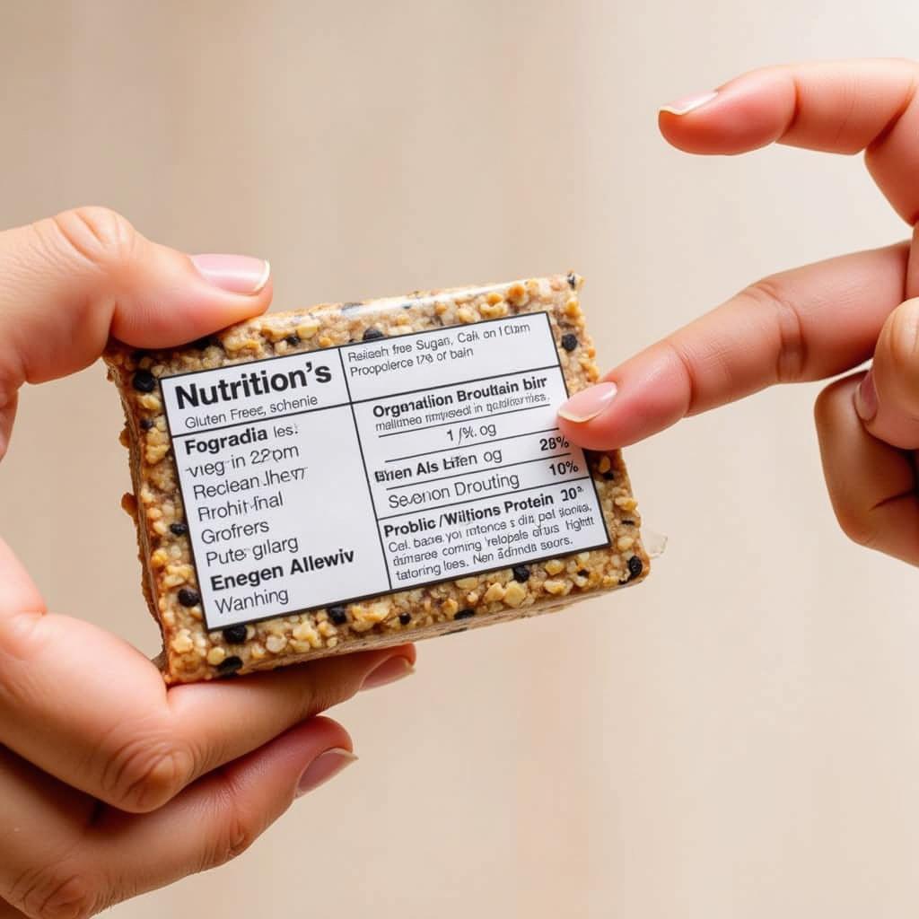 Person reading the nutrition label on a protein bar