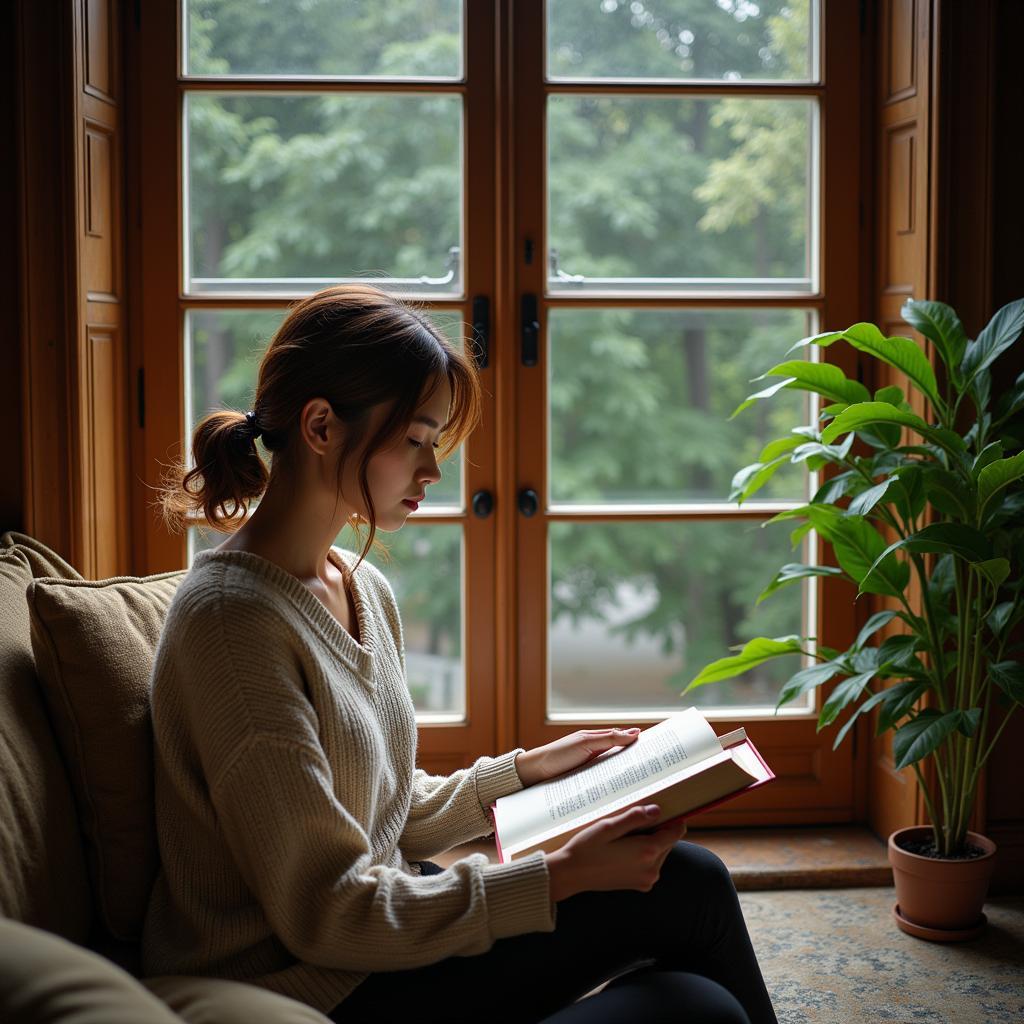 A person comfortably nestled in a cozy armchair, reading "Midnight Sun" on a tablet with headphones on, engrossed in the story.