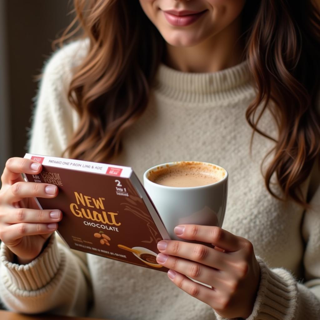 Close-up of a hand holding a hot chocolate package highlighting the "peanut-free" label