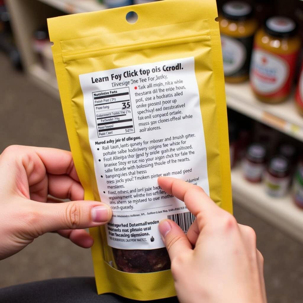 A person reading the label of a soy free jerky bag.