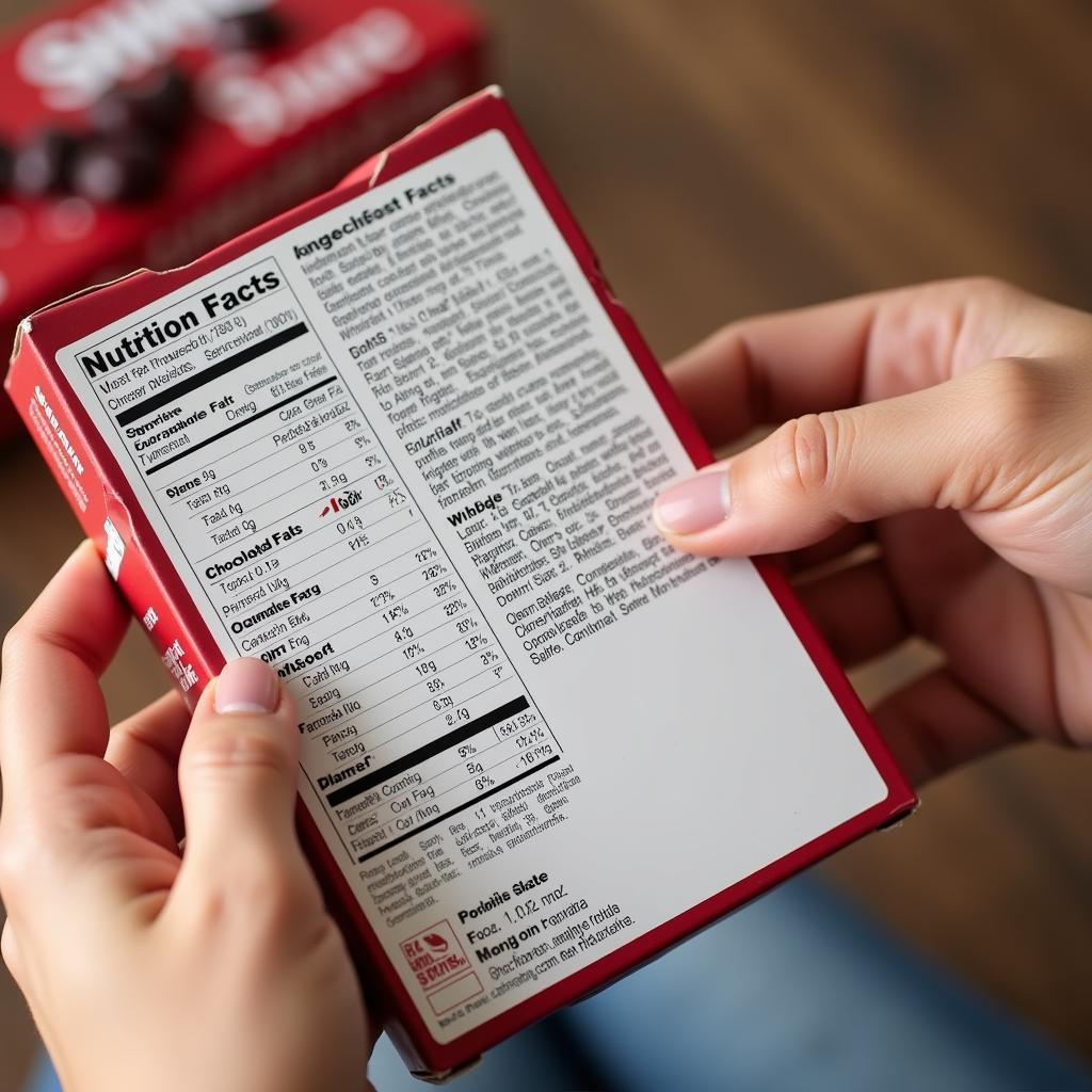 Person reading the nutritional label of a box of sugar free chocolate cherries