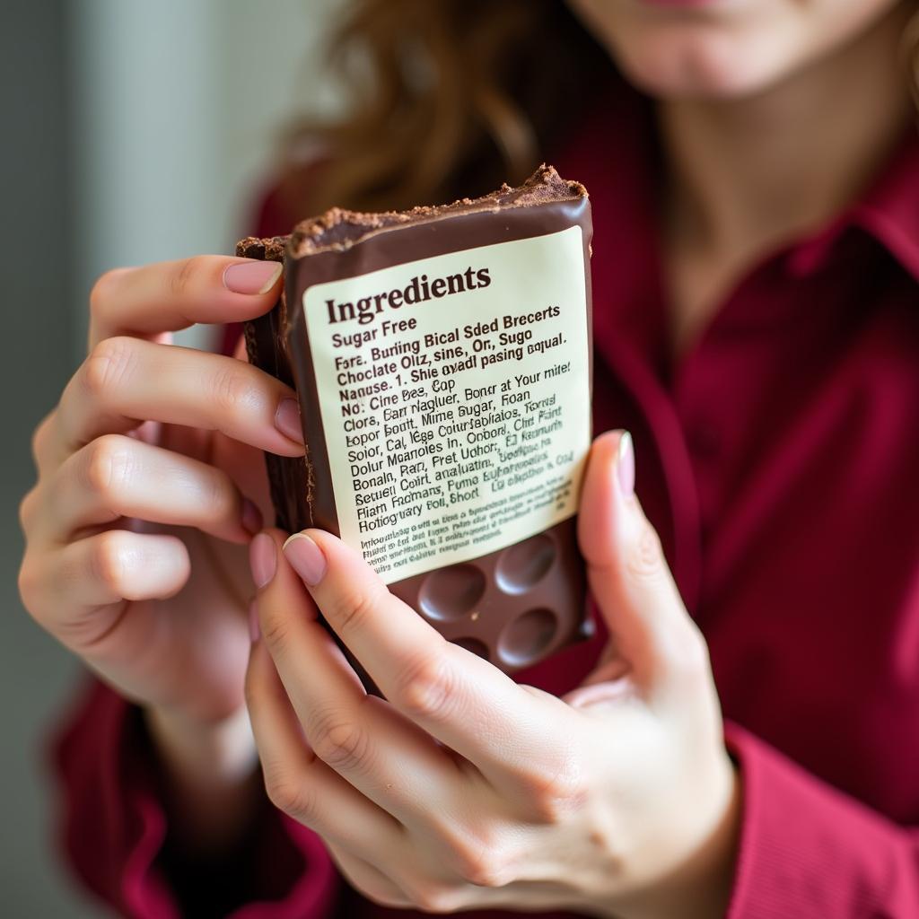 Person reading the ingredients list on a sugar-free chocolate bar